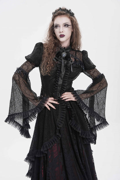 Black Stand Collar Long Trumpet Beaded Sleeves Cut-Out Bow Lace Women's Gothic Blouse