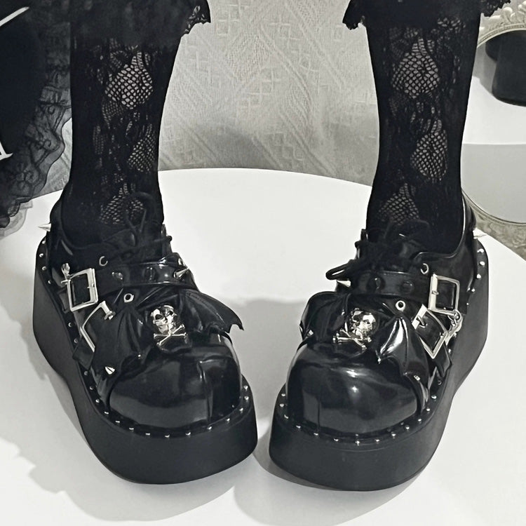 Glossy Black Punk Gothic Little Demon Bat Skull Cross Strap Platform Shoes