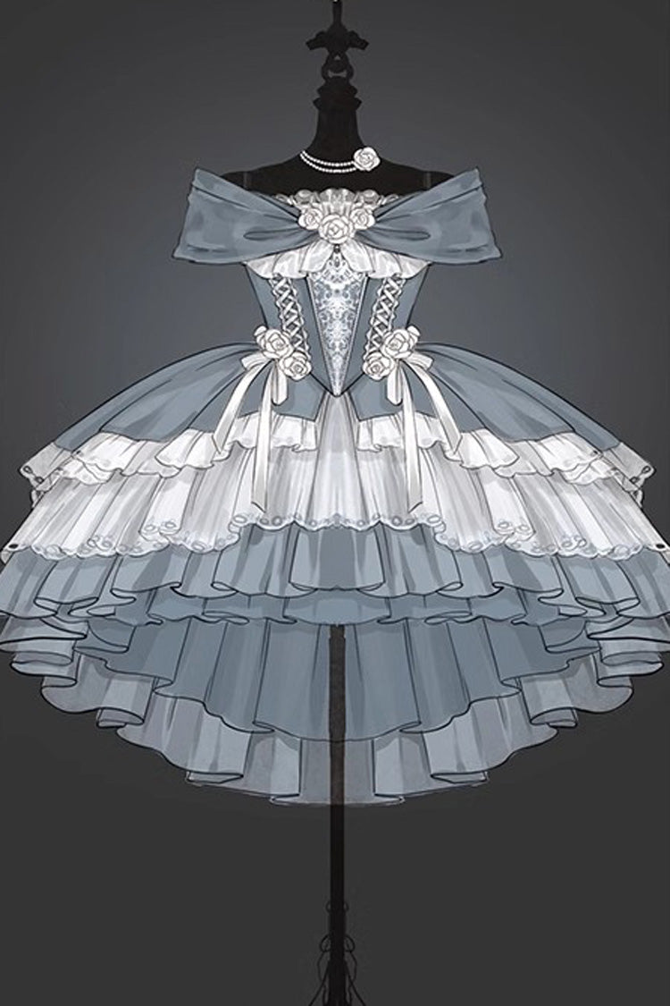 Black/White [Rose Of The Night Sea And Starry Sky] Off Shoulder Multi-Layered Ruffle Embroidery Sweet Lolita Dress