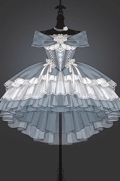 Black/White [Rose Of The Night Sea And Starry Sky] Off Shoulder Multi-Layered Ruffle Embroidery Sweet Lolita Dress