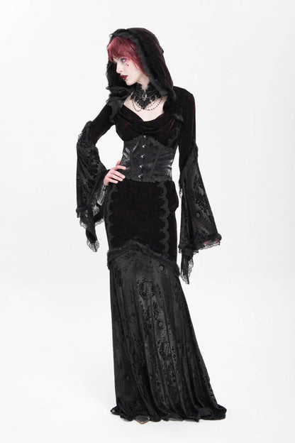 Black/Red Long Trumpet Sleeves Embroidery Stitching Lace Hooded Mesh Women's Gothic Dress