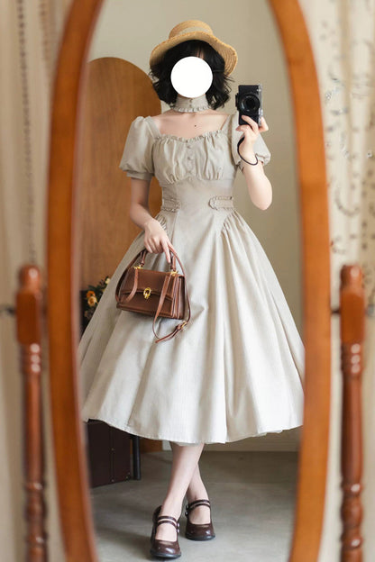 Light Khaki [Chantilly Forest] Square Collar Short Sleeves Striped Printed Ruffled Classic Vintage Elegant Lolita Dress