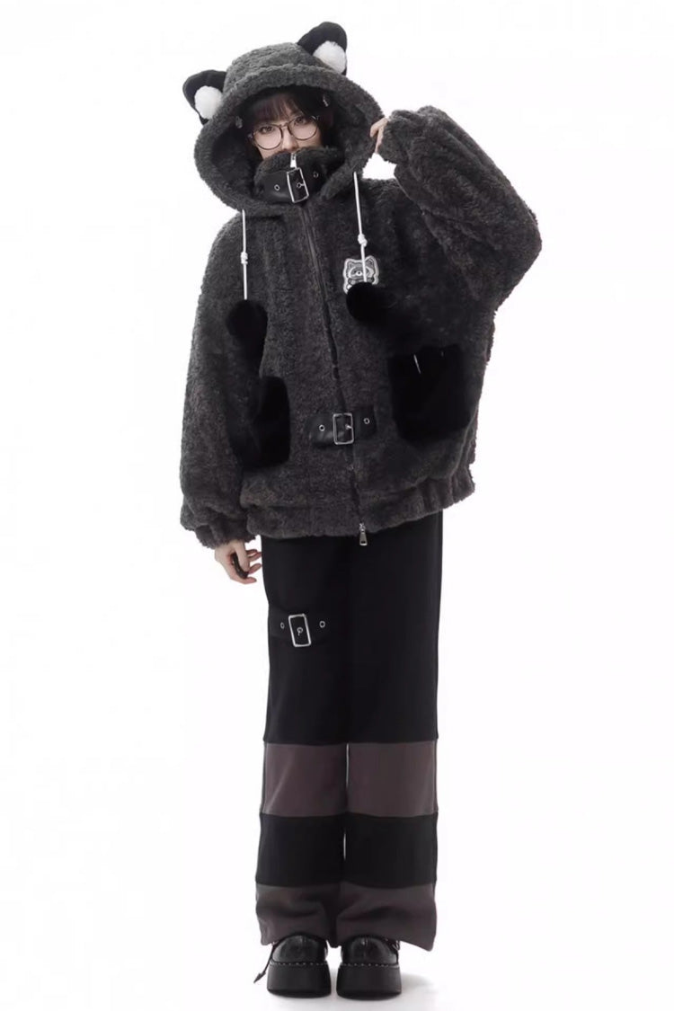 Black/Grey [Little Hibernating Bear] Long Sleeves Hooded Zippered Sweet Lolita Coat and Pants Set