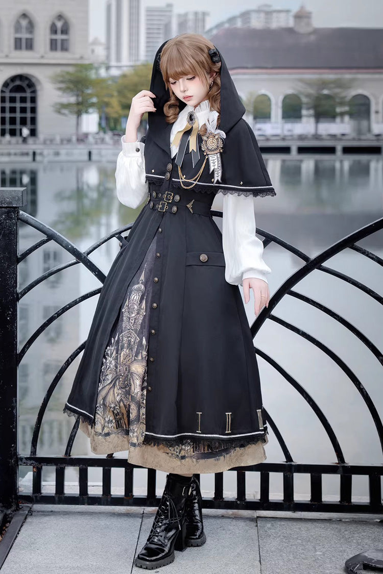 Black [Dragon’s Aria] Long Sleeves Printed Embroidered College Style Gothic Vintage Lolita Dress Three-Piece Set