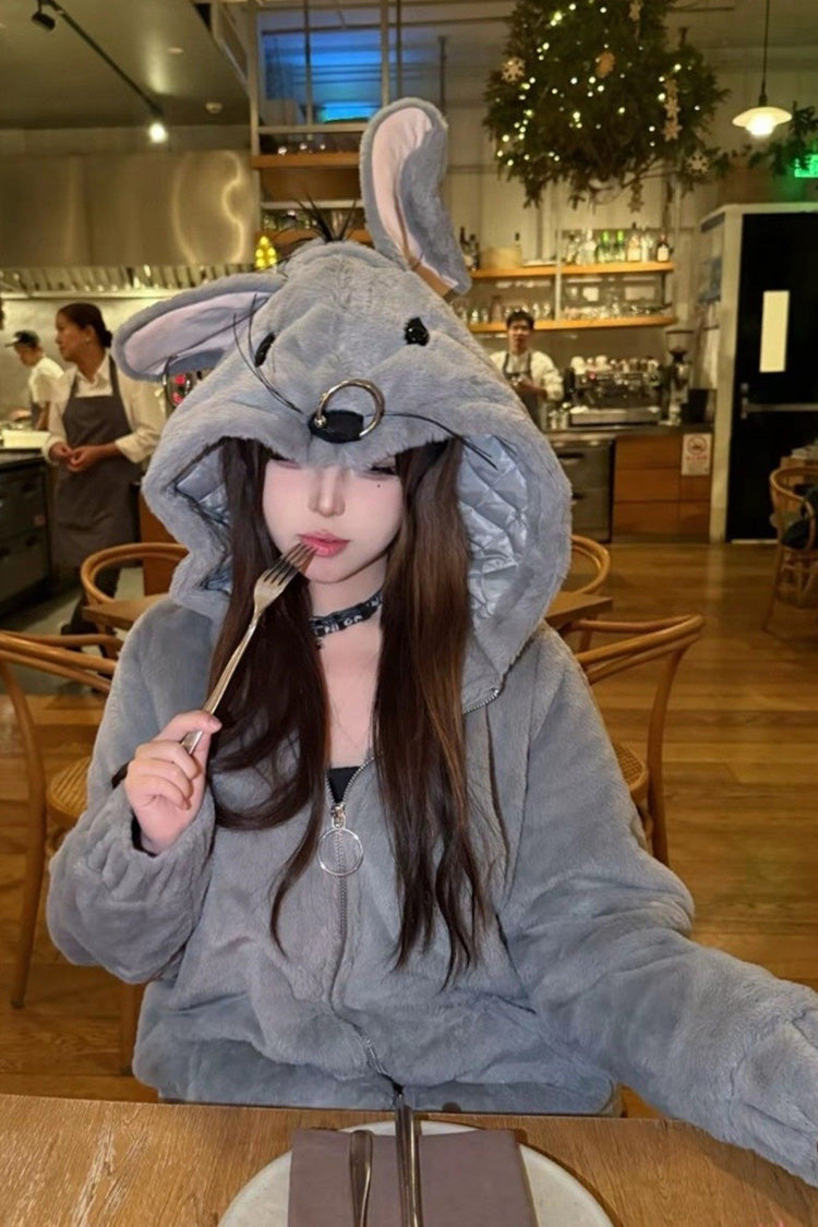 Grey Mouse Ears and Tail Long Sleeves Punk Jirai Kei Japanese Plush Coat