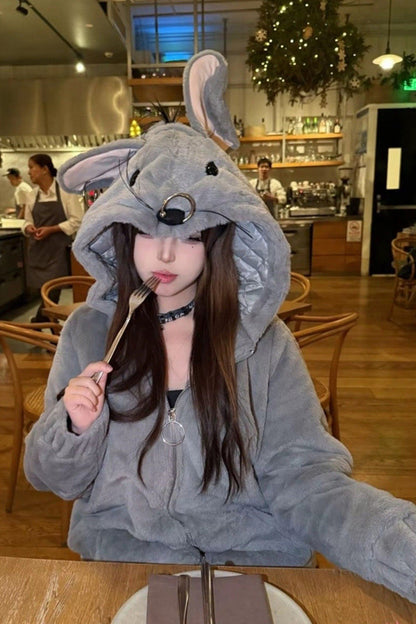 Grey Mouse Ears and Tail Long Sleeves Punk Jirai Kei Japanese Plush Coat