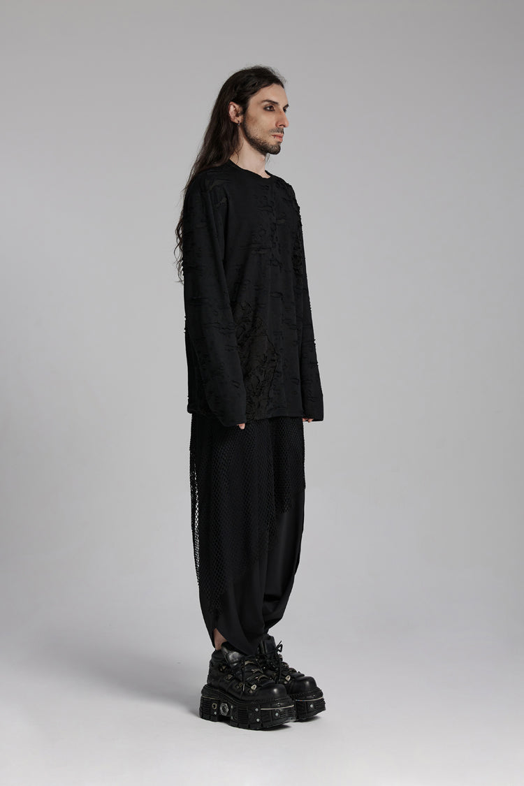 Black Round Collar Long Sleeves Ripped Mesh Men's Punk T-Shirt