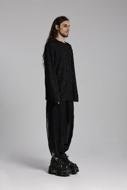 Black Round Collar Long Sleeves Ripped Mesh Men's Punk T-Shirt