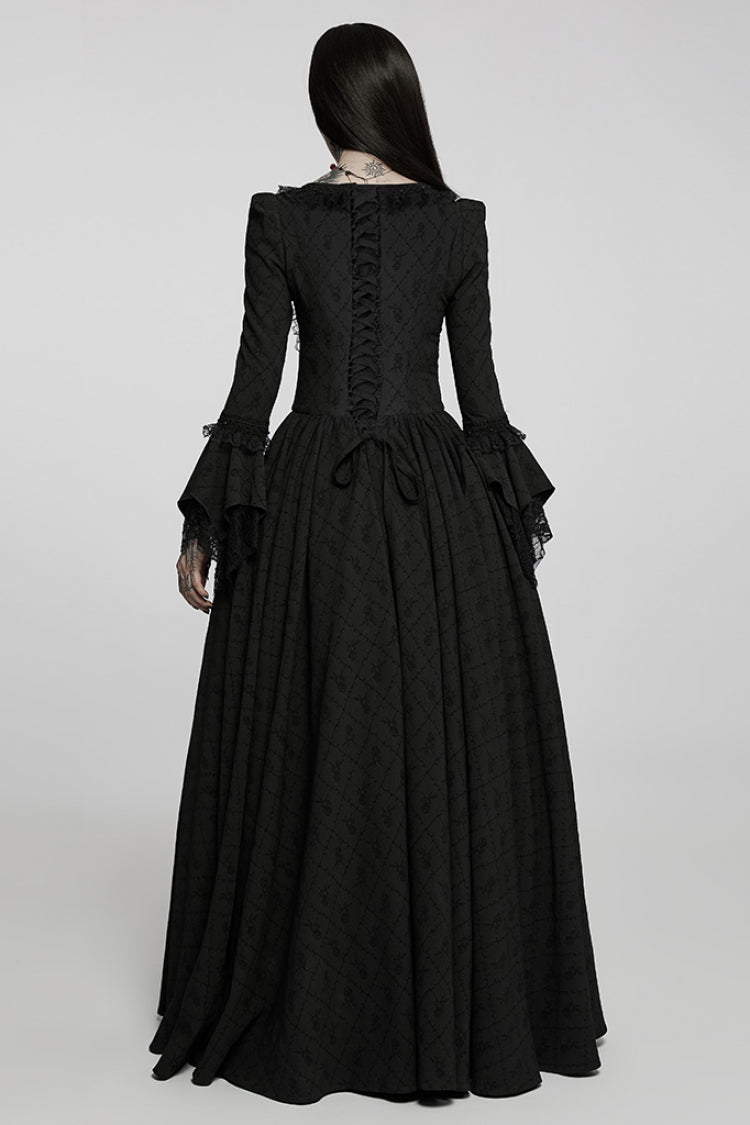 Black Square Collar Long Trumpet Sleeves Rose Print Lace Women's Gothic Elegant Dress