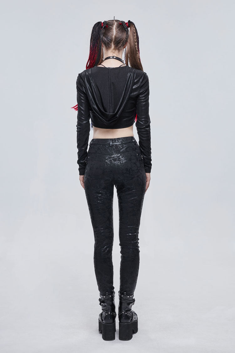 Black Shiny Vertical Grain Texture Tied Rope Decoration Hooded Short Women's Punk T-Shirt