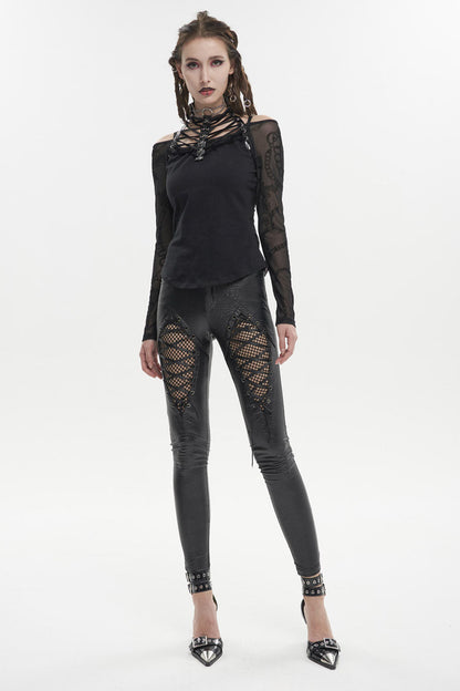 Black Stretch Diamond Wavy String Adjustable Slim Fit Women's Punk Trousers