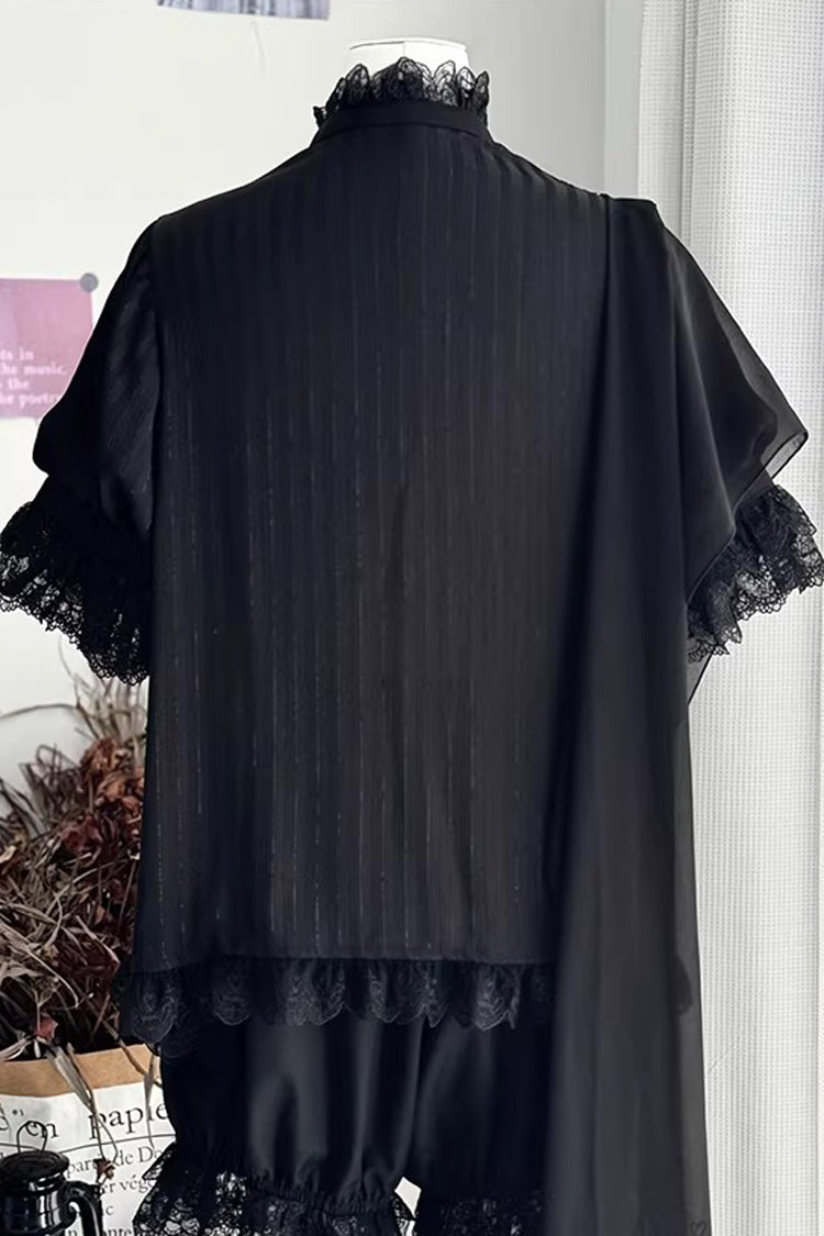 Black Stand Collar Long Short Sleeves Printed Ruffled Lace Gothic Ouji Lolita Set 2 Versions