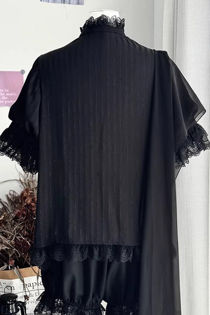 Black Stand Collar Long Short Sleeves Printed Ruffled Lace Gothic Ouji Lolita Set 2 Versions