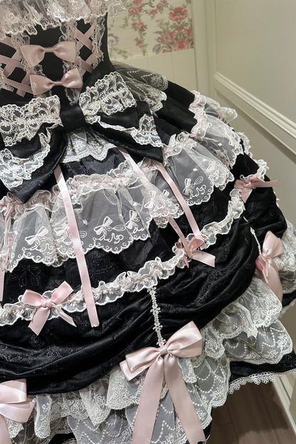 Black/Pink [Silk Satin Gift Box] Square Collar Sleeveless Multi-Layered Ruffled Bow Lace Sweet Lolita Jsk Dress
