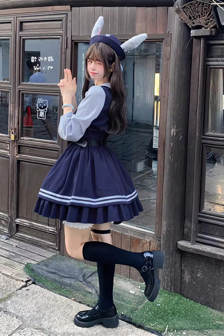 Blue [Rabbit Officer] Long Sleeves Printed Ruffled Faux Two-Piece College Style Sweet Lolita Dress