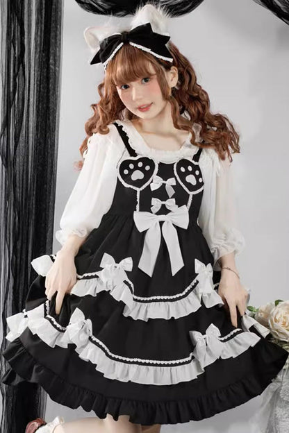 Black/White Bear Paw Print Ruffle Bowknot Sweet Princess Lolita Jsk Dress