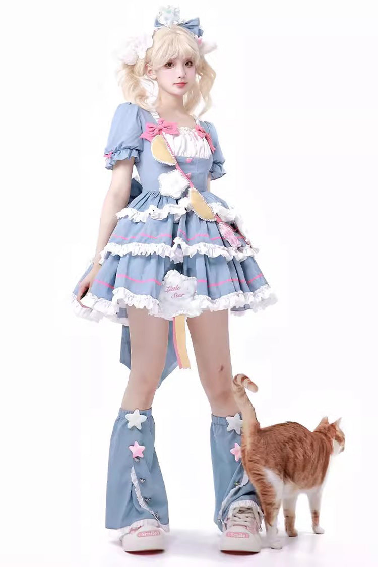 Blue/Pink Garden Party Short Puff Sleeves Multi-layer Ruffle Bowknot Sweet Lolita Dress