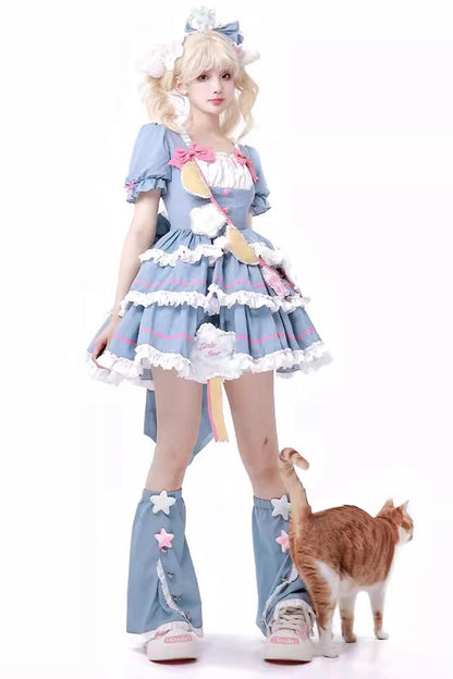 Blue/Pink Garden Party Short Puff Sleeves Multi-layer Ruffle Bowknot Sweet Lolita Dress