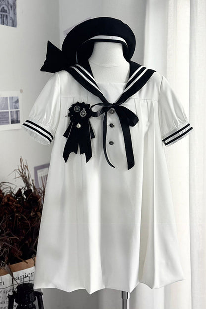 Black/White [Old Stories] Navy Collar Short Sleeves Bowknot Sweet Lolita Dress