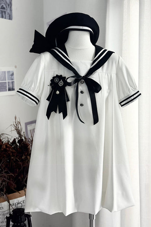 Black/White [Old Stories] Navy Collar Short Sleeves Bowknot Sweet Lolita Dress