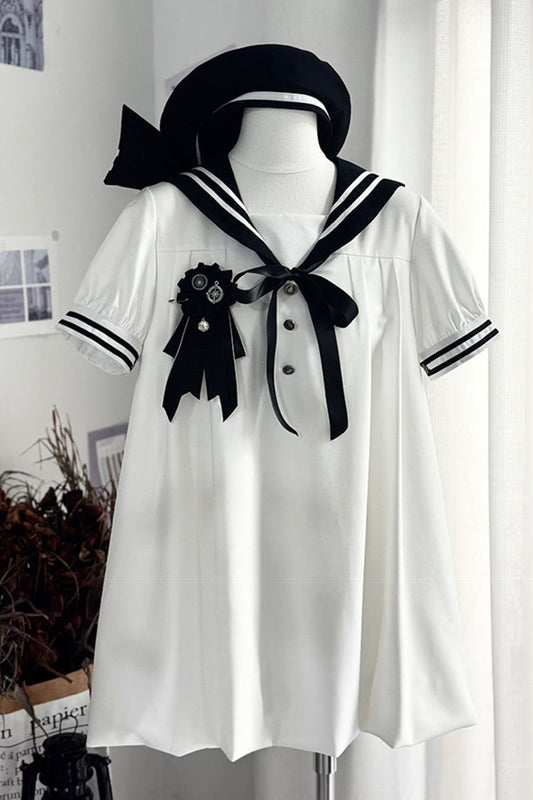 Black/White [Old Stories] Navy Collar Short Sleeves Bowknot Sweet Lolita Dress