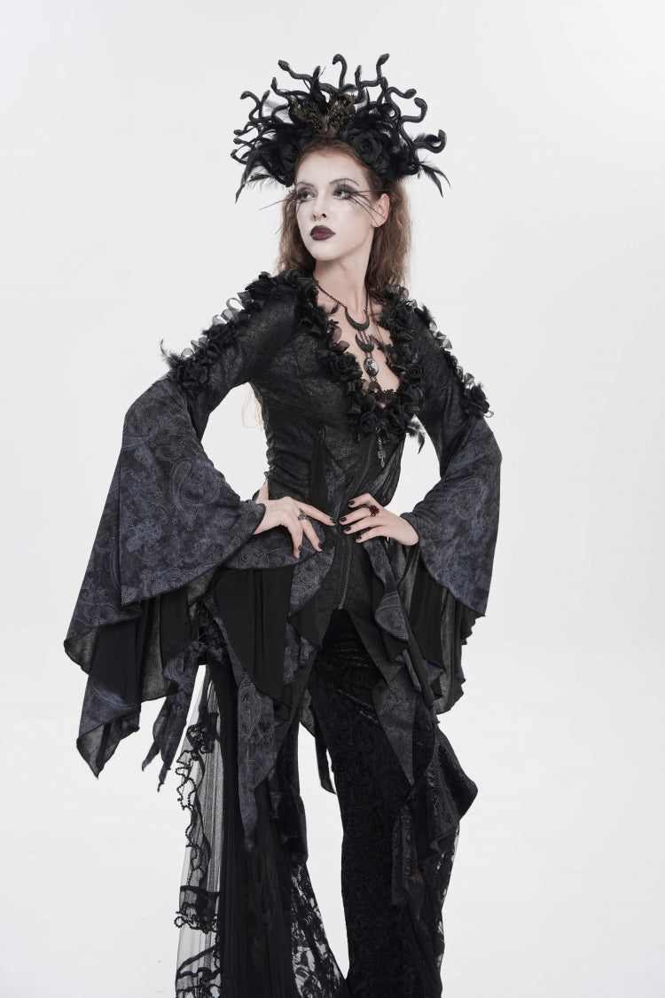 Black V Collar Long Trumpet Sleeves Printed Slim Women's Gothic Rose Feather Gorgeous Blouse