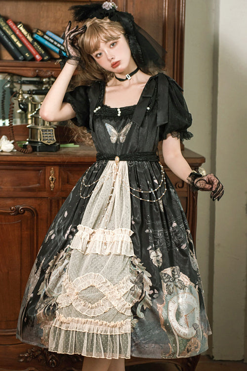 Vintage Elegant Lace Square Collar Bubble Short Sleeves Time Butterfly Print High Waisted Sweet Lolita Dress