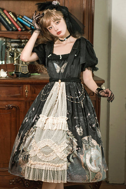Vintage Elegant Lace Square Collar Bubble Short Sleeves Time Butterfly Print High Waisted Sweet Lolita Dress