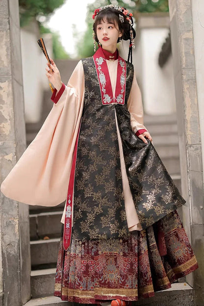 Black/Red Round Collar High Waisted Hot Stamping Embroidery Chinese Style Hanfu Dress Three Piece