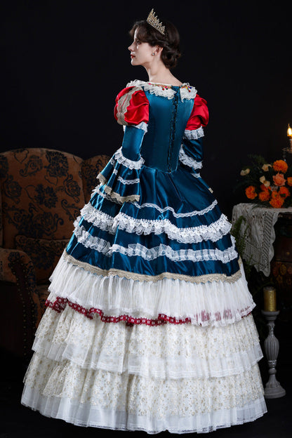 Blue/Ivory Round Collar Long Hime Sleeves Triple-Layered Ruffled Open-Front Bow Lace Classic Vintage Palace Lolita Victorian Dress
