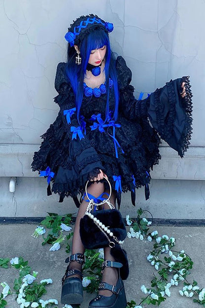 Black/Blue Puff Short Sleeves Princess Gothic Lolita Tiered Dress