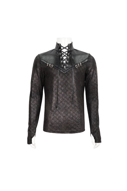 Black Stand Collar Long Sleeves Faux Leather Splice Men's Gothic Shirt