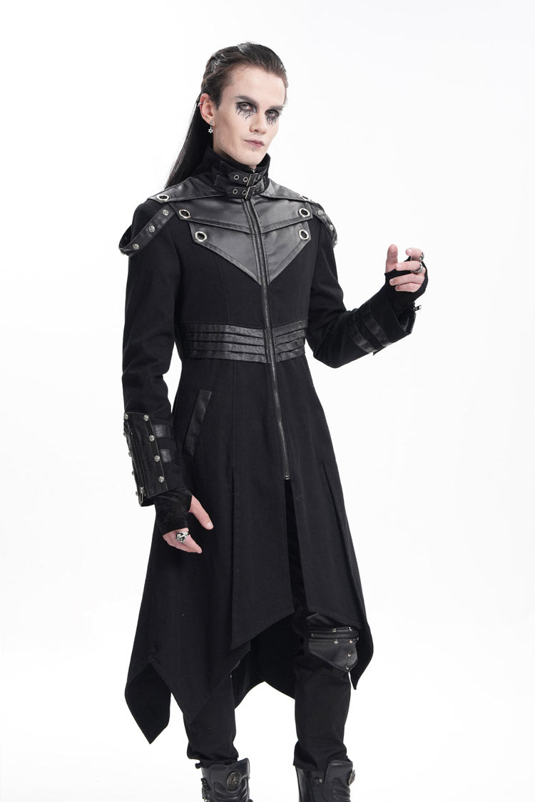 Black Stand Collar Eyelets Buckle-up Ring Long Sleeves Stitching Men's Gothic Coat