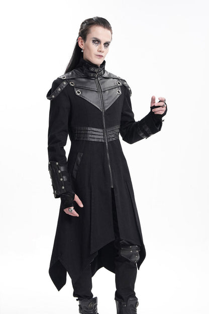 Black Stand Collar Eyelets Buckle-up Ring Long Sleeves Stitching Men's Gothic Coat
