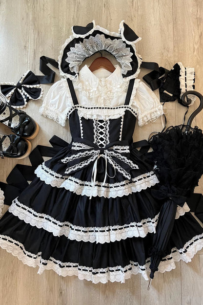 Black [Maiden Heart] Triple-Layered Ruffle Bowknot Lace Sweet Lolita Jsk Dress