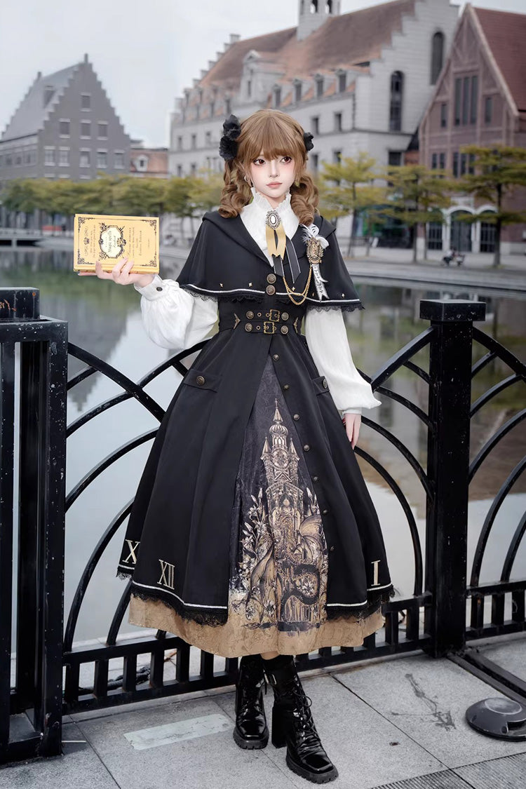 Black [Dragon’s Aria] Long Sleeves Printed Embroidered College Style Gothic Vintage Lolita Dress Three-Piece Set