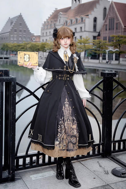 Black [Dragon’s Aria] Long Sleeves Printed Embroidered College Style Gothic Vintage Lolita Dress Three-Piece Set