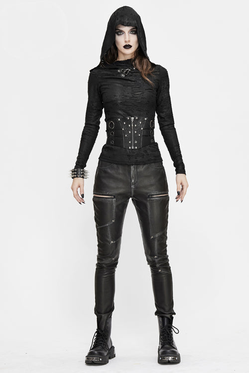 Black Punk Biker Block Shaped Patchwork Hand Rubbed Leather Womens Pants
