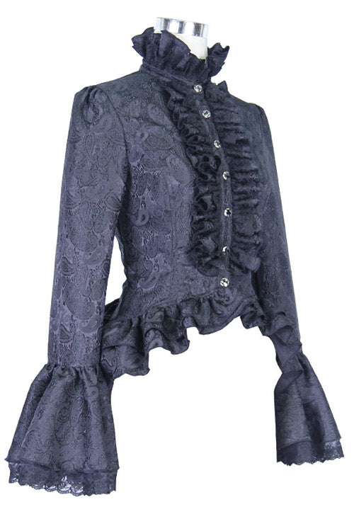 Black Trumpet Sleeves Lace Ruffled Vintage Print Womens Gothic Blouse