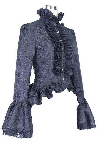 Black Trumpet Sleeves Lace Ruffled Vintage Print Womens Gothic Blouse