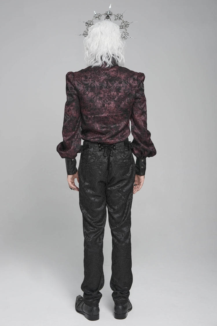 Black/Red Stand Collar Long Lantern Sleeves Floral Print Embroidery Men's Gothic Blouse