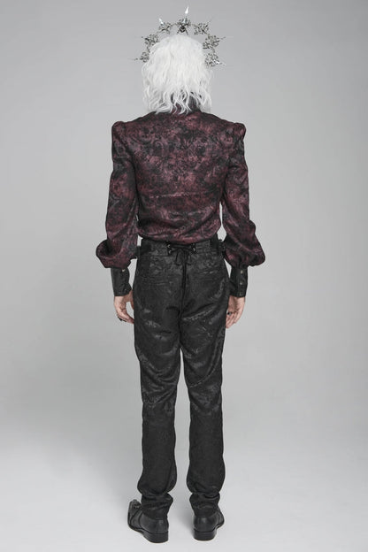 Black/Red Stand Collar Long Lantern Sleeves Floral Print Embroidery Men's Gothic Blouse