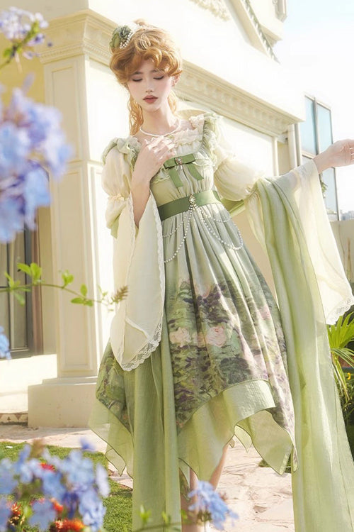Green [Blooming Roses] Print Oil Painting Chiffon Ruffle Bowknot Irregular Sweet Lolita Jsk Dress