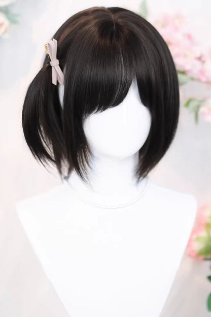 Black Tea Brown Straight Cute Bun Ponytail Doll-Like Sweet Lolita Short Wig