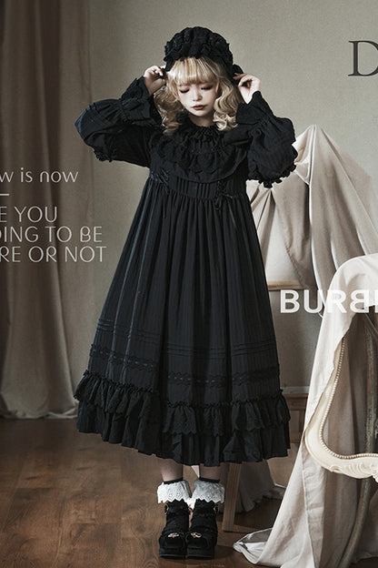 Black [Good Night] Long Sleeves Double-Layered Ruffle Bowknot Lace-Up Holy Gothic Lolita Dress