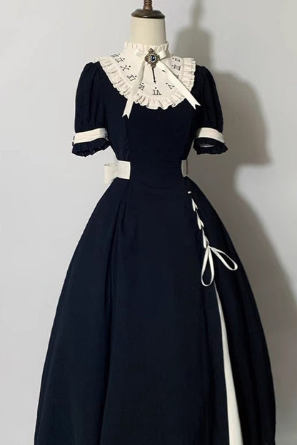 Black/White Short Sleeves Color-blocked with Detachable Embroidered Faux Collar Gothic Lolita Dress