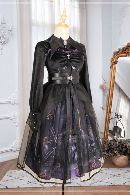 Black Witch Town Print With Veil Gothic Lolita JSK Dress