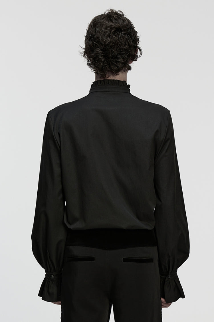 Black Stand Collar Long Sleeves Ruffle Embroidery Pleated Men's Gothic Blouse