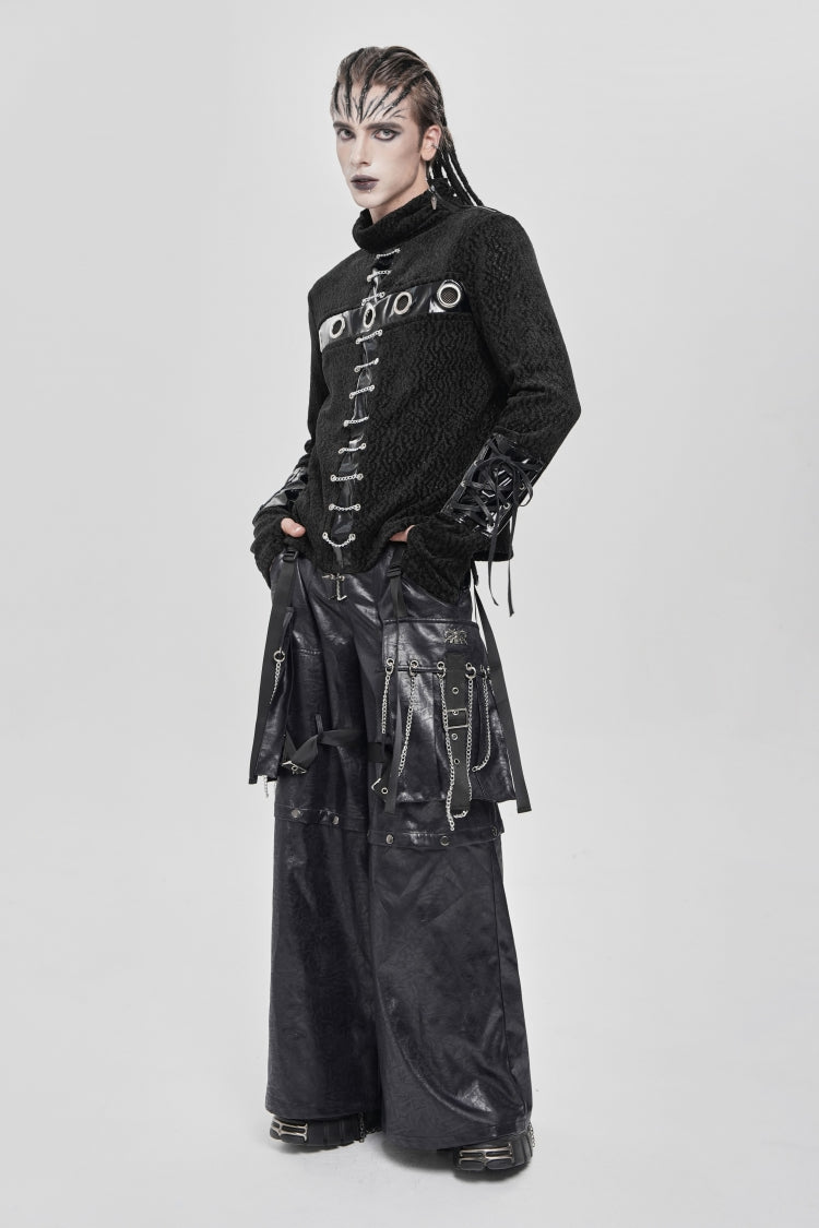 Black Stand Collar Long Sleeves Faux Leather Stitching Chain Eyelet Men's Punk Blouse
