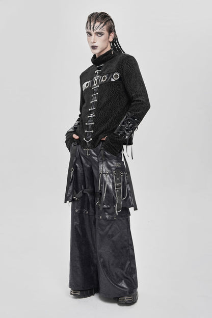 Black Stand Collar Long Sleeves Faux Leather Stitching Chain Eyelet Men's Punk Blouse